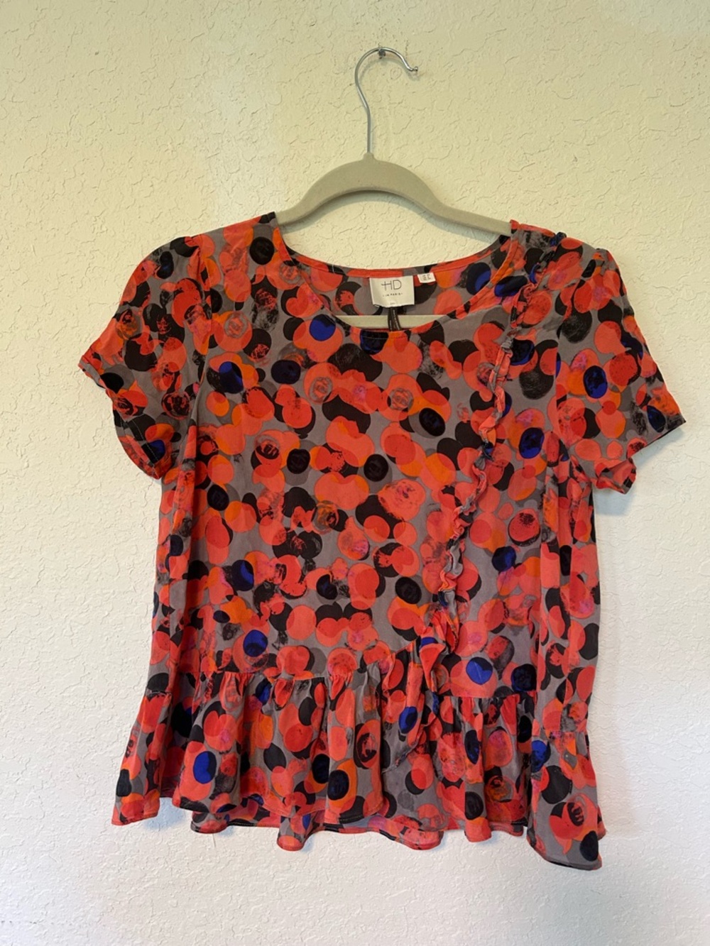HD in Paris Red, Black, Blue Floral Peplum Silk Blouse(Anthropologie) Size 0